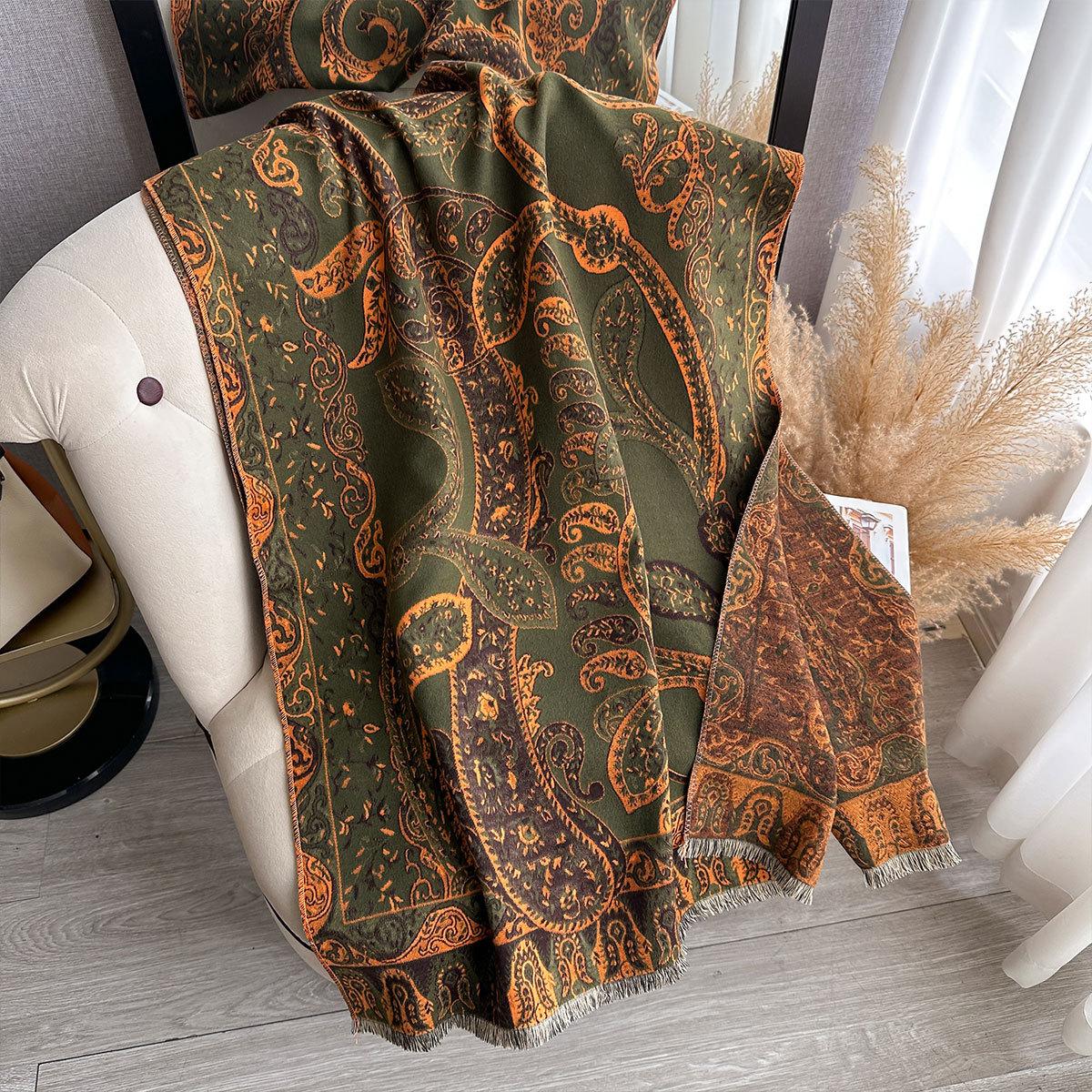 

Богемский жаккардовый большой платок-пашмина с узором «кешью», утолщенный кашемир, теплый, короткий ворс, женский шарф 185x65cm зелёный