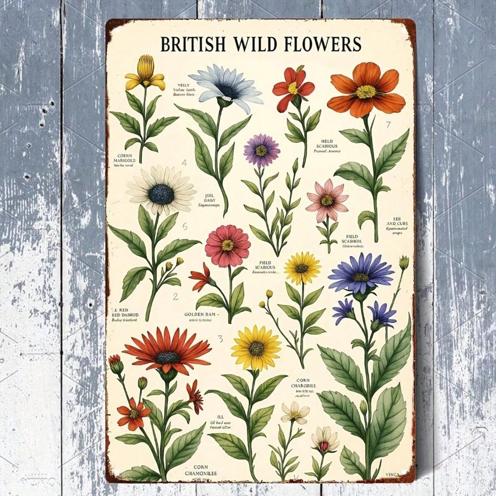 Vintage British Wild Flowers Iron Sign 8x12 Inch, Retro Floral Metal Plaque, 2D Flat Illustrated Wall Decor for Home