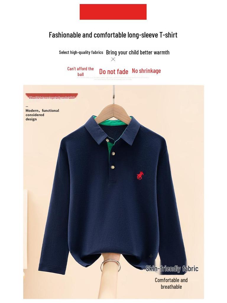 Boys' Autumn Long-Sleeve Cotton Polo Shirt with Turn-Down Collar