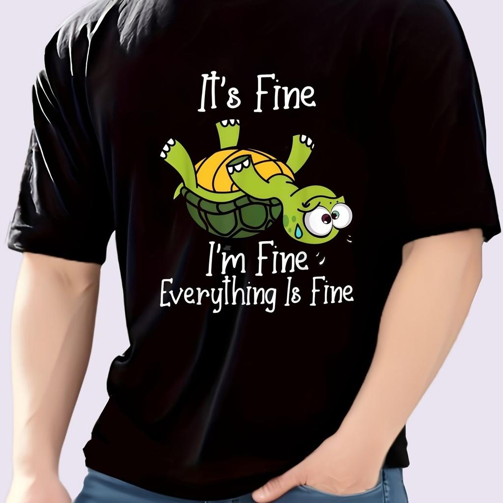 Funny Upside Down Turtle Graphic Tee It's Fine Everything Is Fine Casual Short Sleeve T-Shirt for Unisex