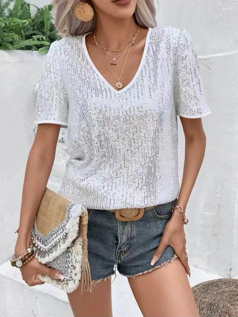 New Cross Women's Sexy Solid Color Sequins V-Neck Loose Short Sleeve T-Shirt