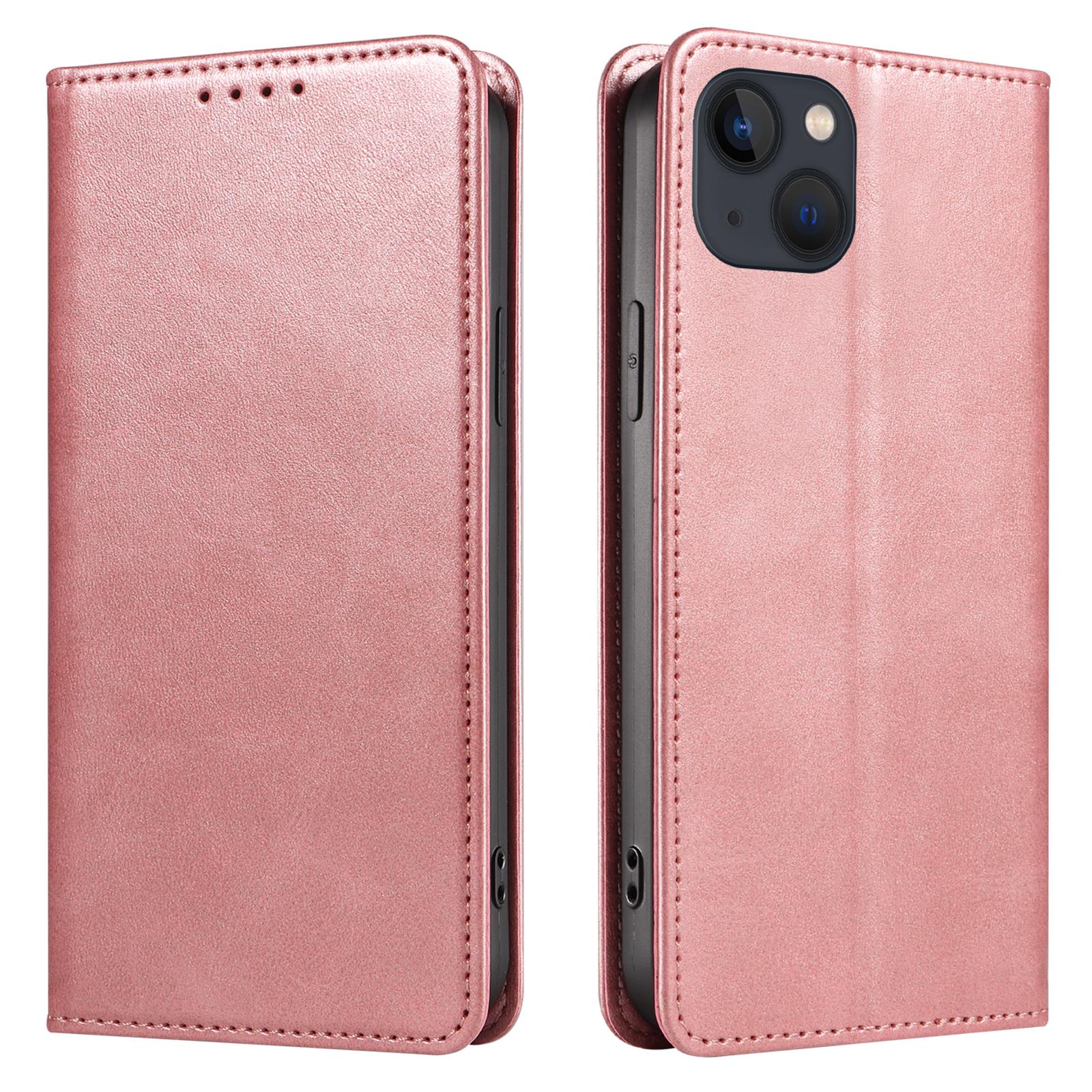 

Для iPhone 13 6,1 дюйма Кожаный чехол-подставка для телефона Текстура теленка Кошелек Магнитная крышка для мобильного телефона Rose Gold