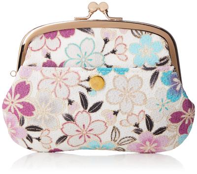 Uni Made In Futago Chirimen Japanese Pattern Clasp Wallet Blossom (N0207) Seni, Japan, Parent-Child [Cherry Design, White]