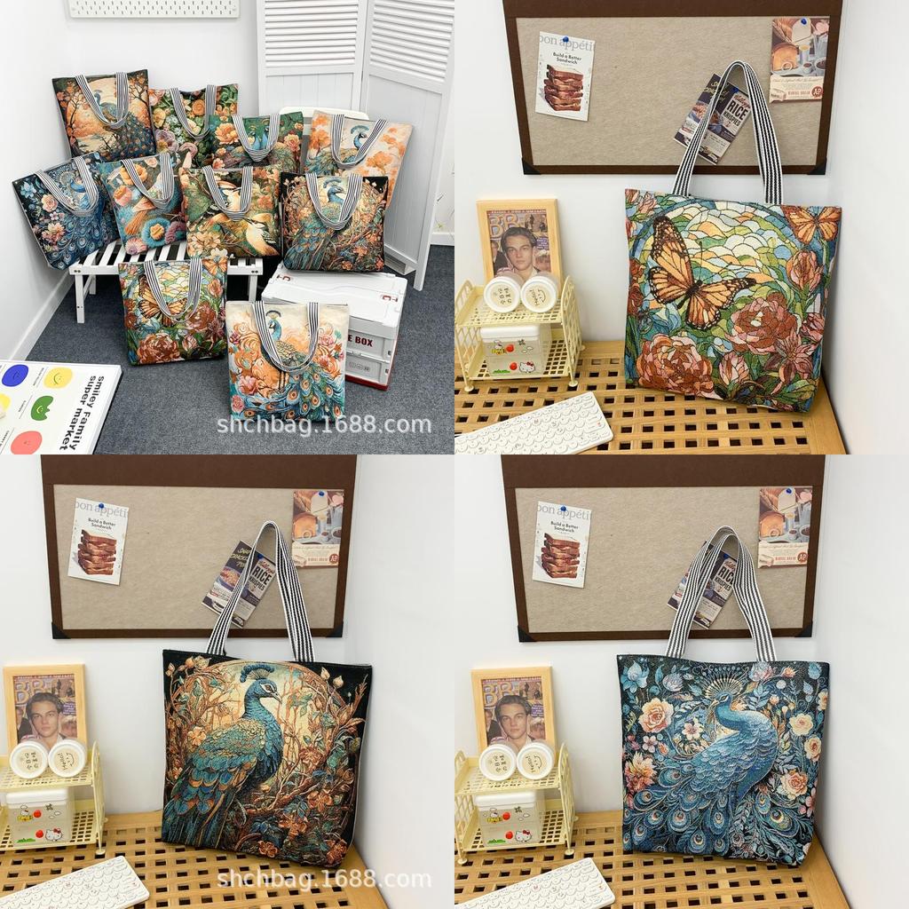 Peacock Canvas Tote Bag With Embroidery And Large Capacity For Daily Use
