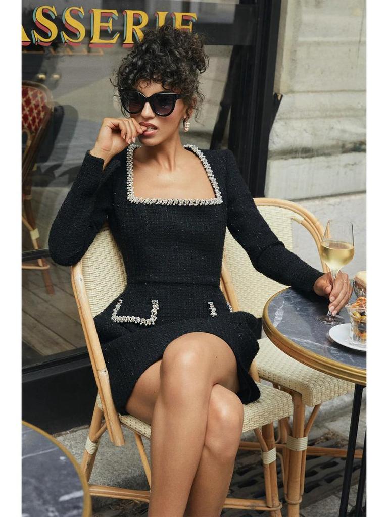 Elegant U-neck Long-sleeve Beaded Slimming Dress for Women