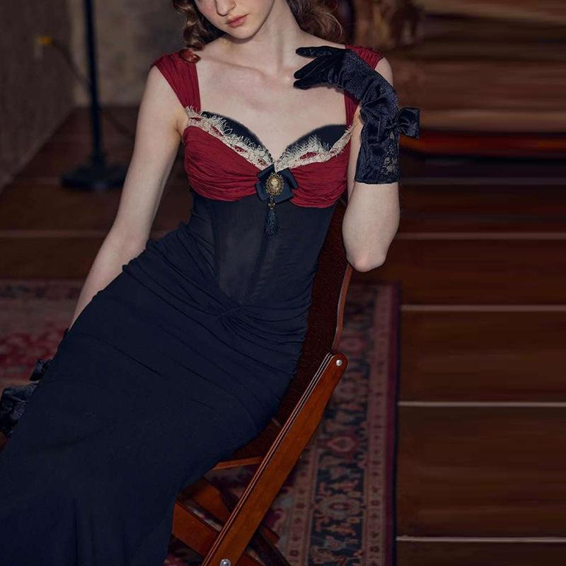 Women's Summer New French Lady Temperament Retro Long Skirt Contrast Waist Suspender Dress