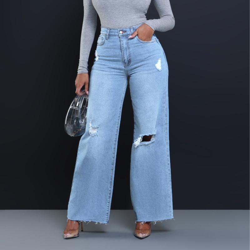 Ripped Jeans Women's High Waist Loose Straight Wide Leg Pants Stylish Frayed Hem Pants, Light Wash with Edgy Vibe