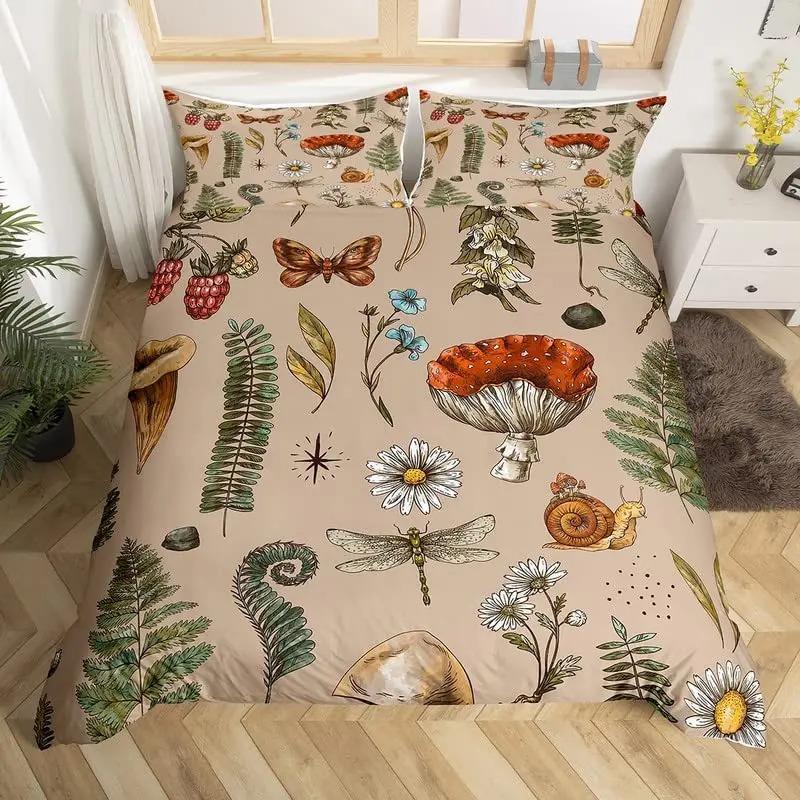 Red Mushroom Kawaii Comforter Set Twin Size Kids Bedding Botanical Plant Print Quilt for Boys Girls Adults
