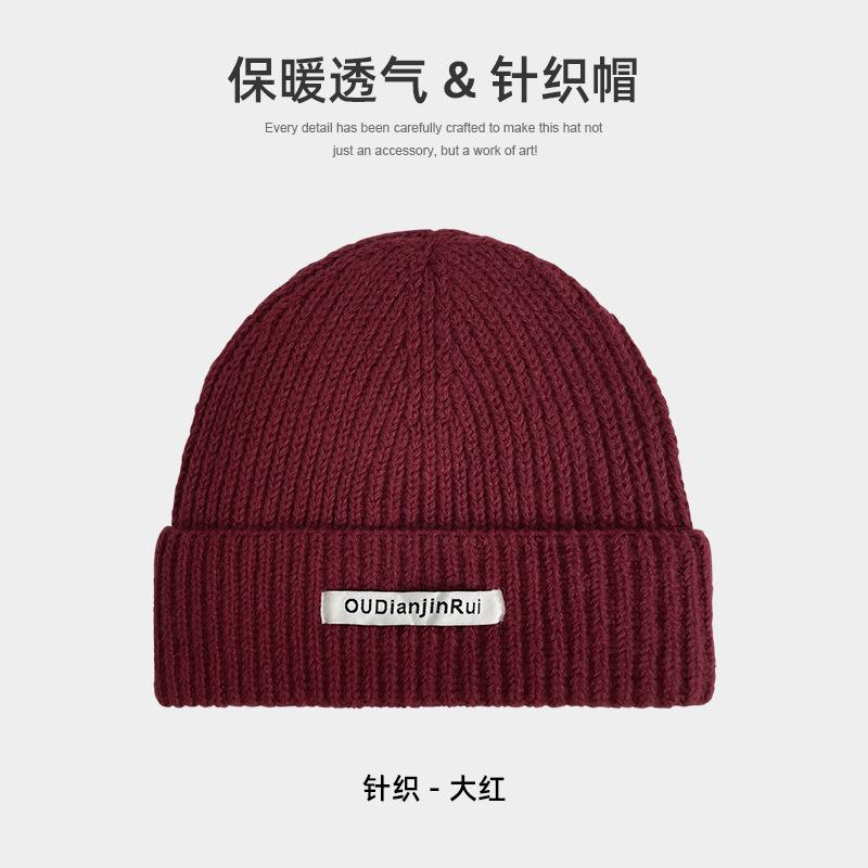 Cloth label knitted hat men's winter versatile thickened large head circumference showing face small wool hat couple versatile cold hat