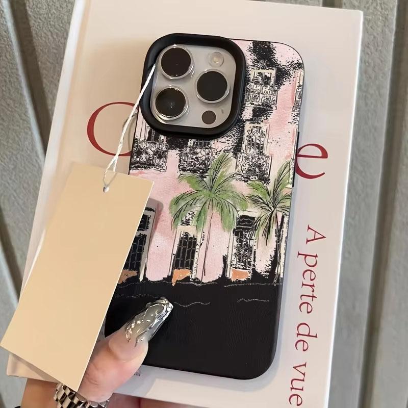 

Чехол для телефона с рисунком розового здания и пальмы, личи, для iPhone 17 Pro Max 16 15 14 Pro 13 12 11 XS XR X 8 7 Plus 17E 16E iPhone XR