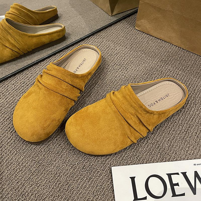 Fashion Aphixta Pleated Candy Color Flat Outside Woman Slippers Round Toe Low Heel Suede Slip On Half Slide Spring Summer Woman Shoes