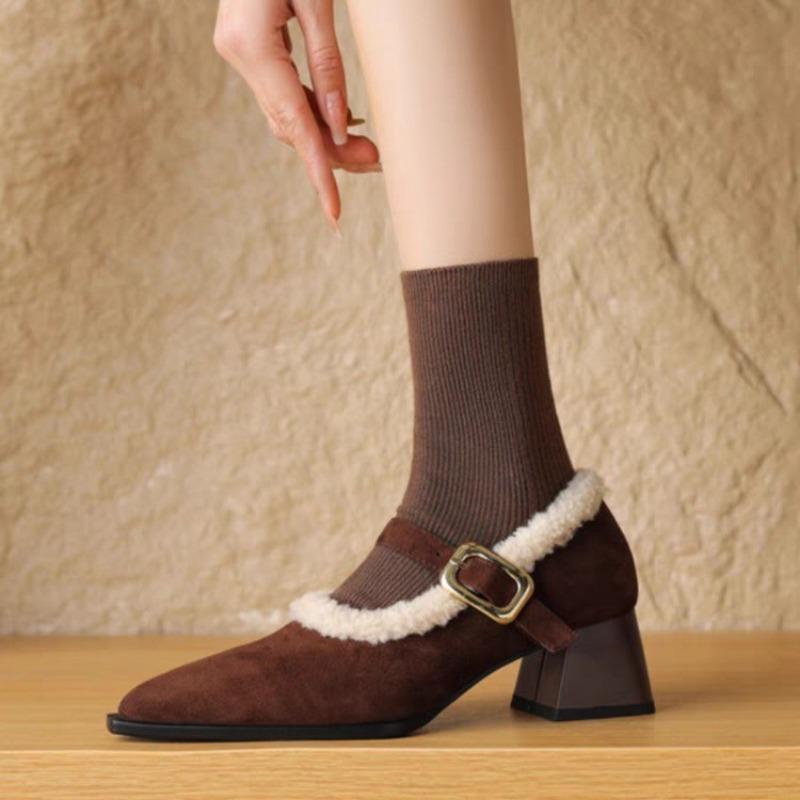 

Fashion Ladies Shoes 2025 New Buckle Strap Women s High Heels Fashion Shallow Dress Pumps Women Sexy Pointed Toe Plus Velvet Heels Women 39 коричневый