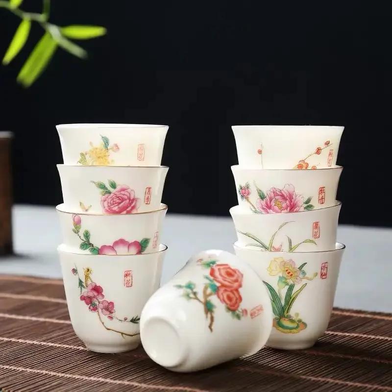 Chinese Ceramic Teacup Travel Personal Meditation Cup Hand Painted Lotus Leaf Tea Bowl Pu'er Master Cup Tea Set Accessories 65ml