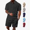 Men's summer new casual button solid color cross-grain towel jacquard cloth short-sleeved shorts set