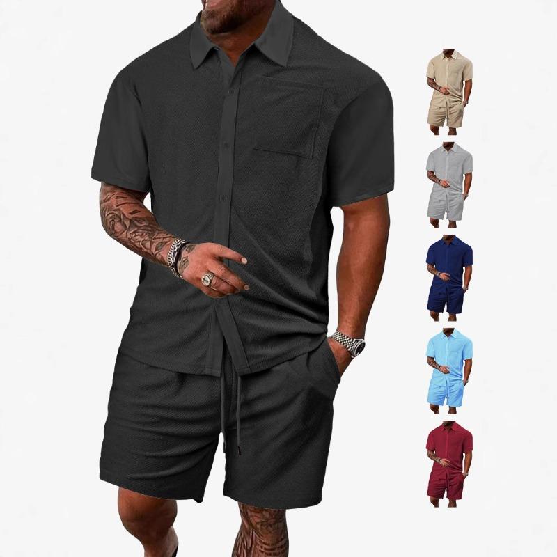 Men's summer new casual button solid color cross-grain towel jacquard cloth short-sleeved shorts set