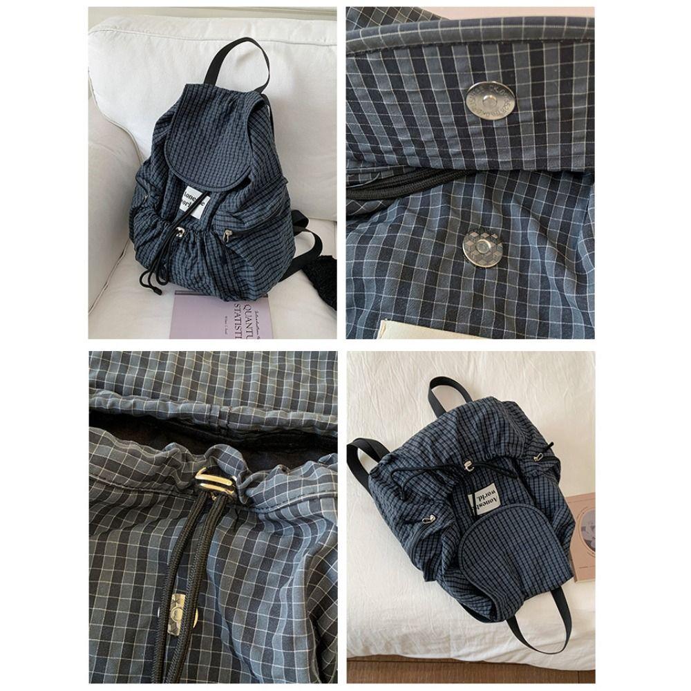 Karomuster Raffung Schultertaschen Koreanische Studenten Schultasche Trendige Rucksack mit Kordelzug Herren Damen