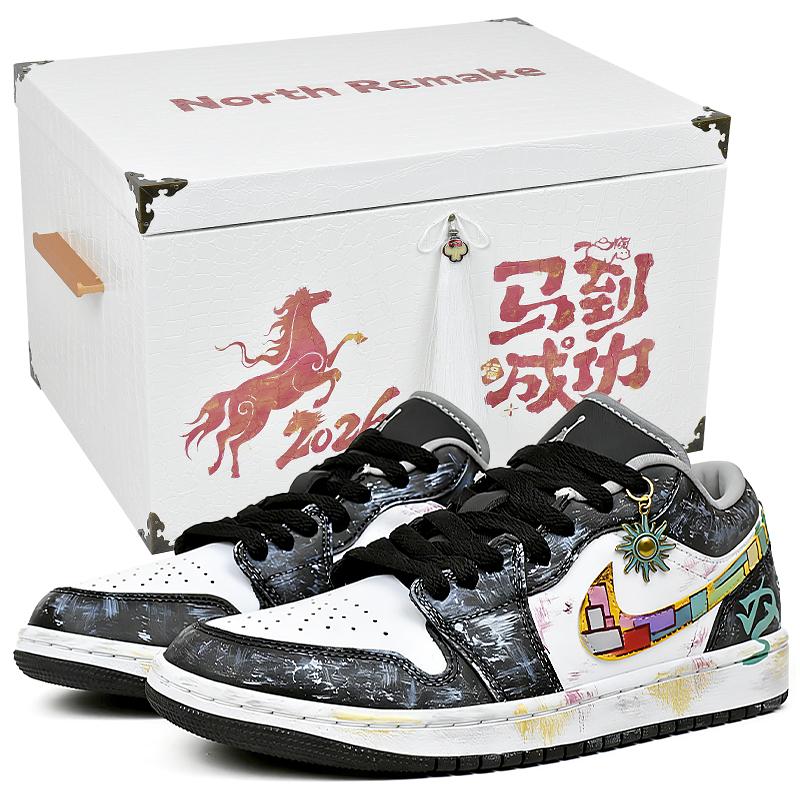 Jordan Air Jordan 1 Slip Resistant Abrasion Resistant Low Top Vintage Basketball Shoes Unisex Black White Yellow 553558-040(Team1676-S-BOX)