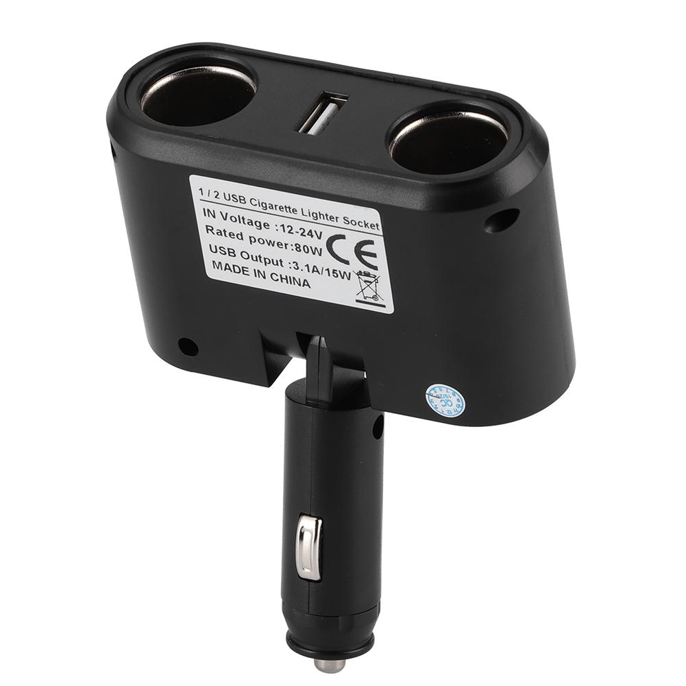 Universal Car 2 Way Cigar Lighter Splitter Charger Adapter with USB Fast Charge Port 12 24V