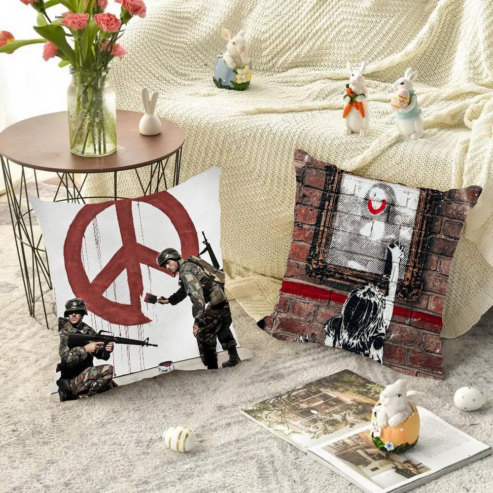 Federa Cuscino Banksy Graffiti Cuscino Quadrato Camera da Letto Divano Cuscino Comfort per il Tempo Libero Auto Soggiorno Decorazione per la Casa