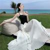 French Black and White Color Matching Heavy Industry Pleated Ruffle Edge Niche Design Suspender Skirt Women's Summer Vacation Style Tube Top Dress
