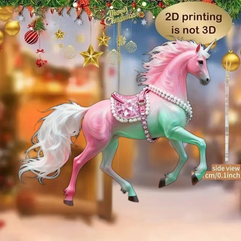 2D Acrylic Horse Charm Car Rearview Mirror Pendant Christmas Tree Hanging Home Decoration New Year Party Ornament Gift