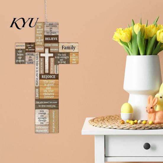 Handcrafted Wood Cross Decor Easter Wooden Ornament, Rustic Hanging Pendant with Hemp Rope Wall for Decor, Religious Home Decoration, Solid Scripture