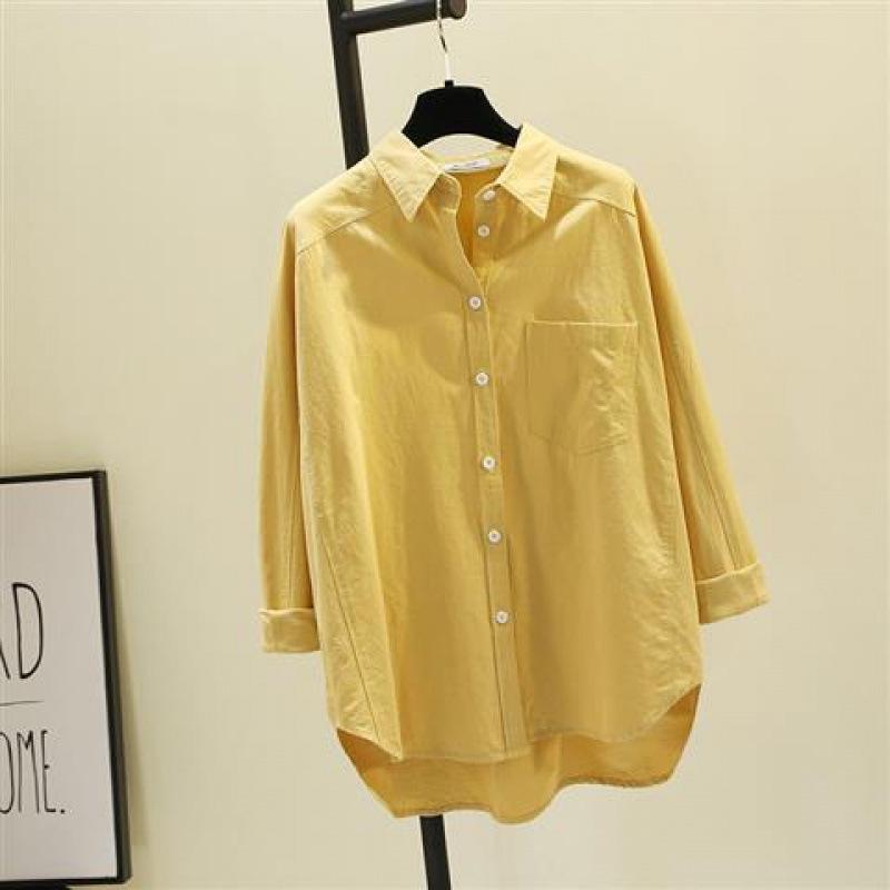 Women's Cotton Spring Shirt: Versatile Medium-Long, High-Grade Solid Color, Korean Artistic Style