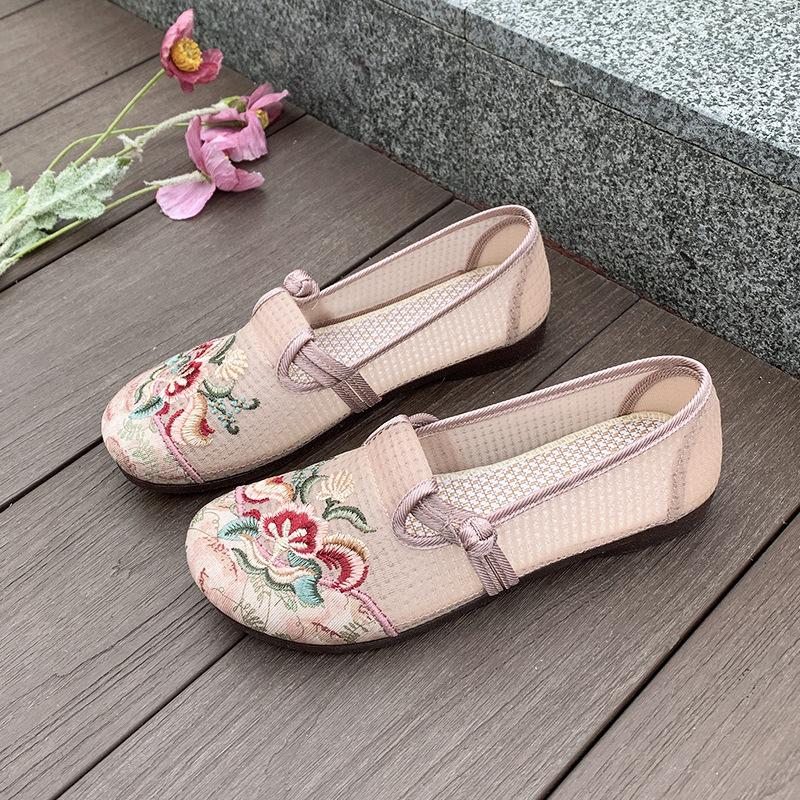 Edison Embroidery One Pedal Summer Mesh Breathable Women's Soft-soled Middle-aged and Elderly Mother Flat-soled Old Beijing Cloth Shoes