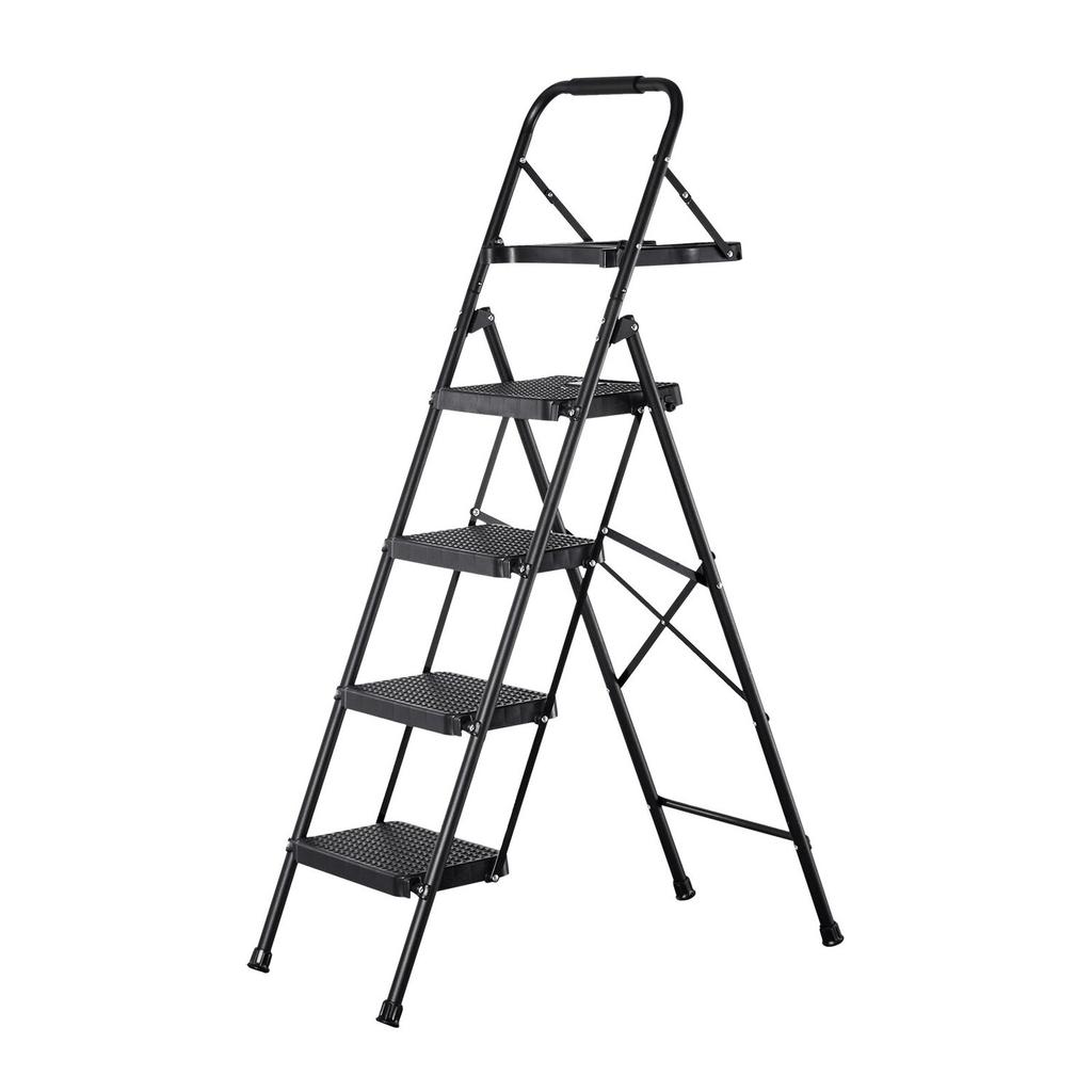 Échelle à 4 marches, Marchepied pliant avec large pédale antidérapante, Plateau à outils, Poignée de confort, Capacité de 272 kg, Échelle portable en acier, Multi-usage pour