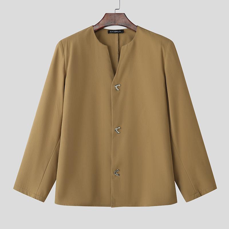 INCERUN Plus Size Men Collarless Long Sleeve Buttons Down Casual Loose Oversized Shirts