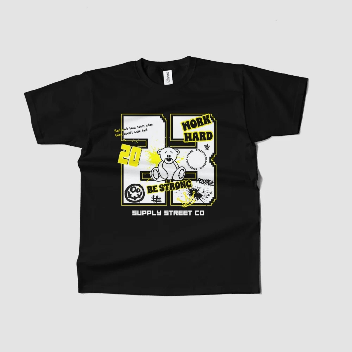 women s Black T-Shirt with Cartoon Print and Inspirational Text Casual Summer Tee Work Hard Be Strong Graphic S чёрный