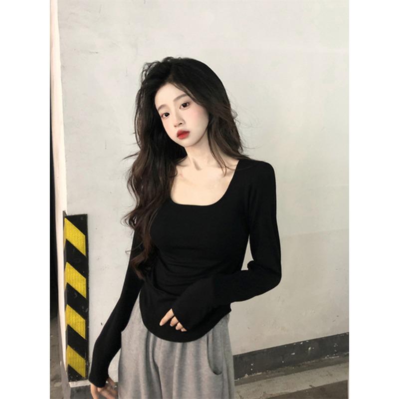White Long-sleeved T-shirt for Women Early Autumn New Design Irregular Inner Top Solid Color Short Base Shirt