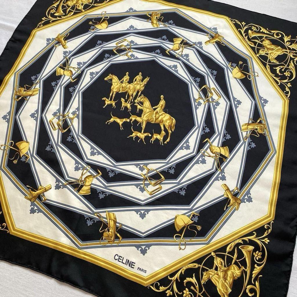 Used CELINE Scarf Silk Black Gold Equestrian Horse Riding Large Vintage