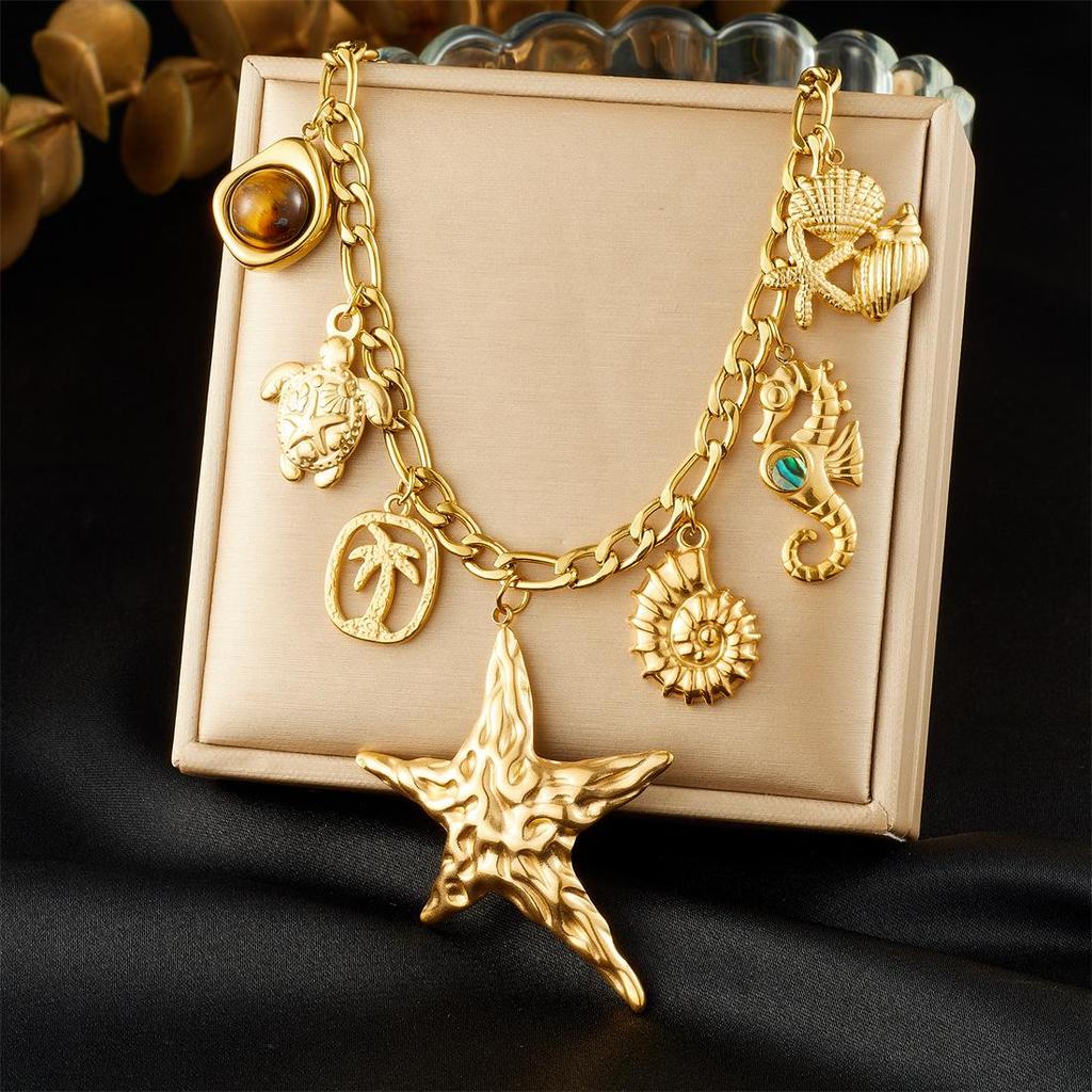 Fashion Stainless Steel Faux Pearl Pendant Necklace with Cherry and Starfish Design for Women