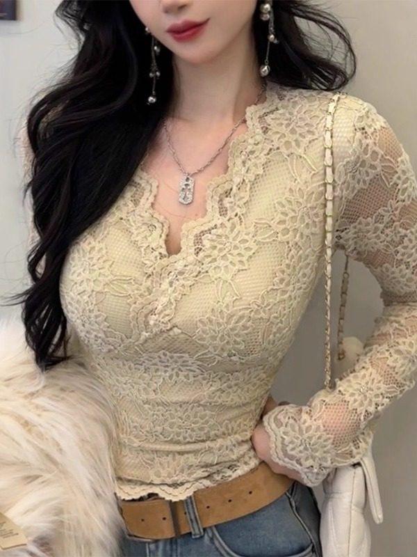 Couche de base en dentelle brossée pour femme Automne & Hiver: Haut Confortable, Élégant et Sexy Grande Taille en Velours, Sous-vêtement Exquis.