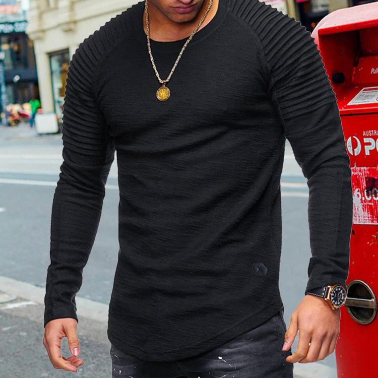 Men Round Neck Pullover T-shirt Casual Tops Spring Autumn Solid Color Fold Slim Fashion Blouse