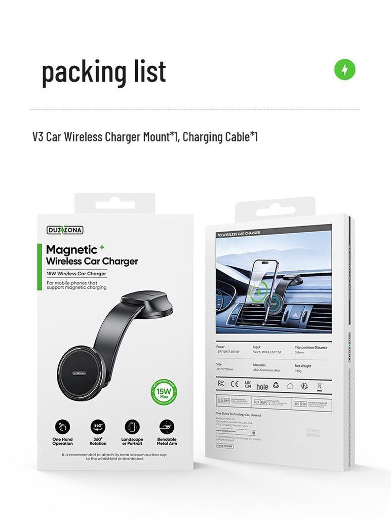 15W Magnetic Car Phone Holder & Wireless Charger with Suction Cup - QI Fast Charging & Navigation Support