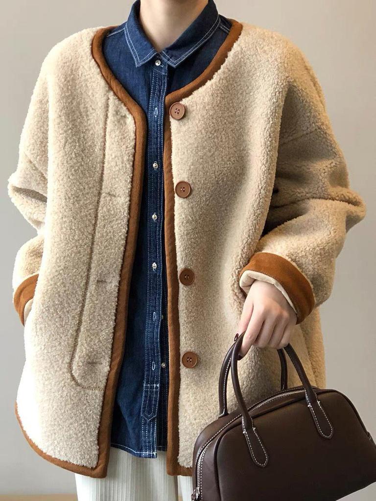 Damen Plüsch Lammwollmantel: Dick, Flauschig, Warm und Locker geschnitten für Herbst und Winter