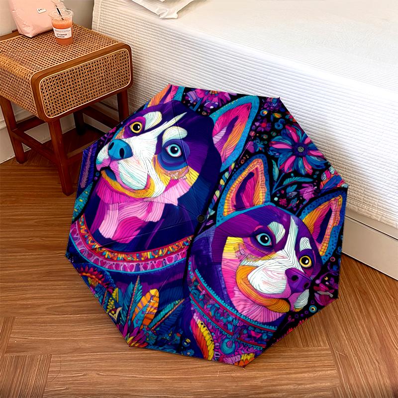 Colorful Husky pattern, automatic folding umbrella, portable and foldable design, 8 ribs, a Christmas or birthday gift.