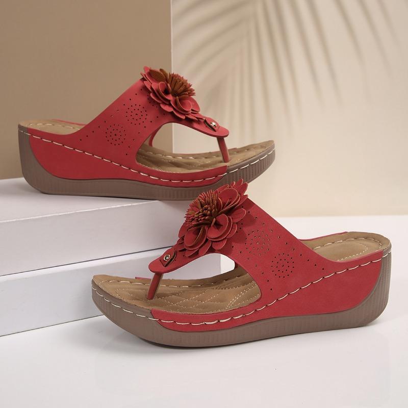 Flower platform flip-flops women's new summer fashion casual wedge heel pinch foot platform beach shoes