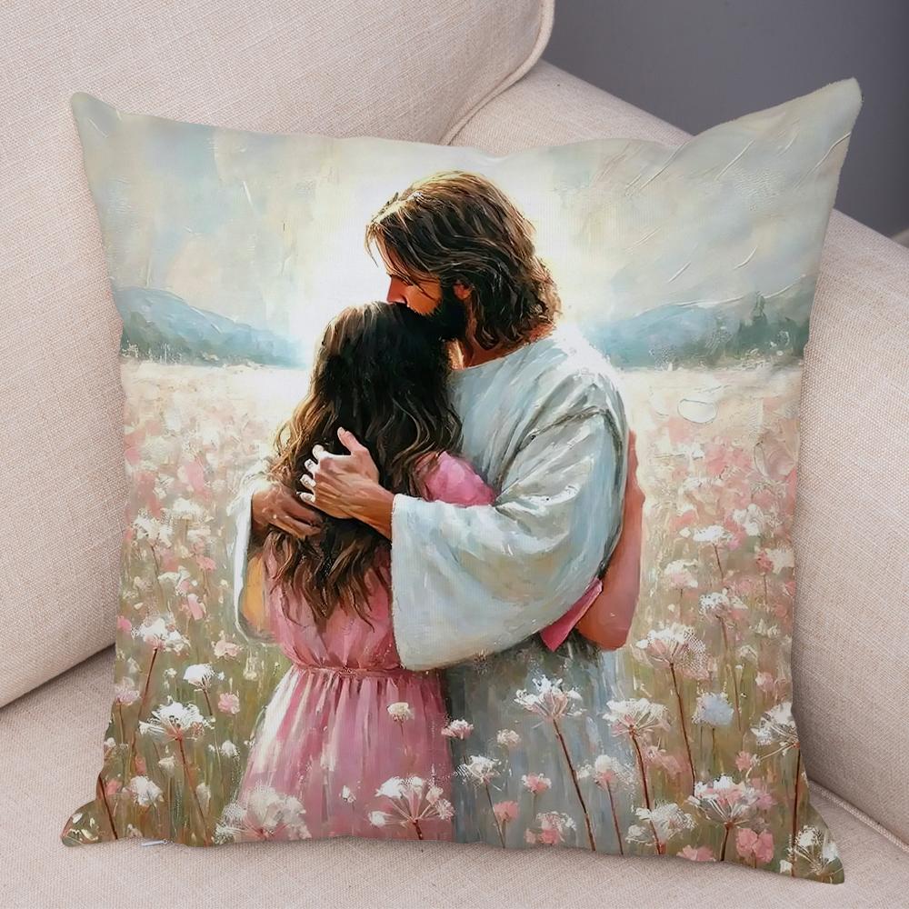 Catoon Jesus Christ Cushion Cover for Sofa Home Double Print Decor Colorful Christ Savior Pillow Case Soft Plush Pillowcase