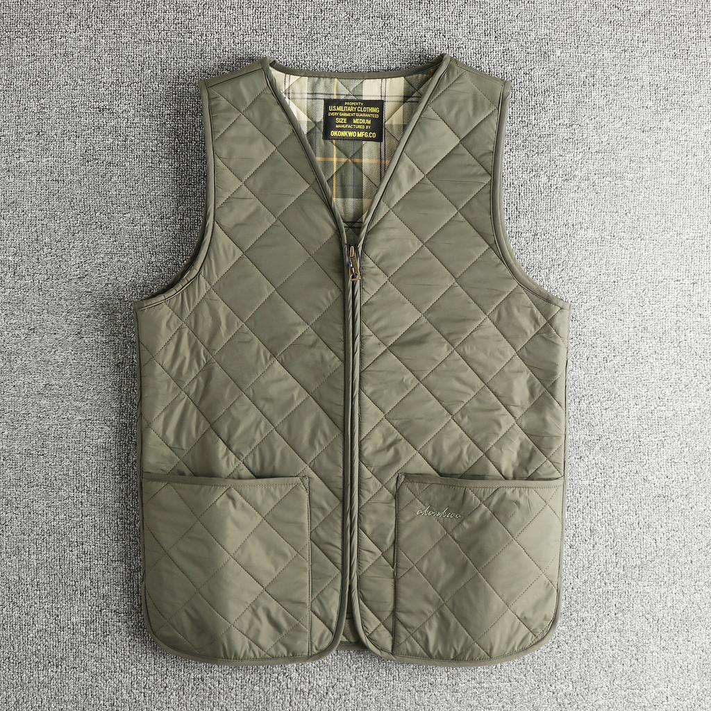 Giacca gilet da uomo Ami color kaki con olio e cera a rombi, trapuntata, calda e confortevole, giacca casual autunnale e invernale