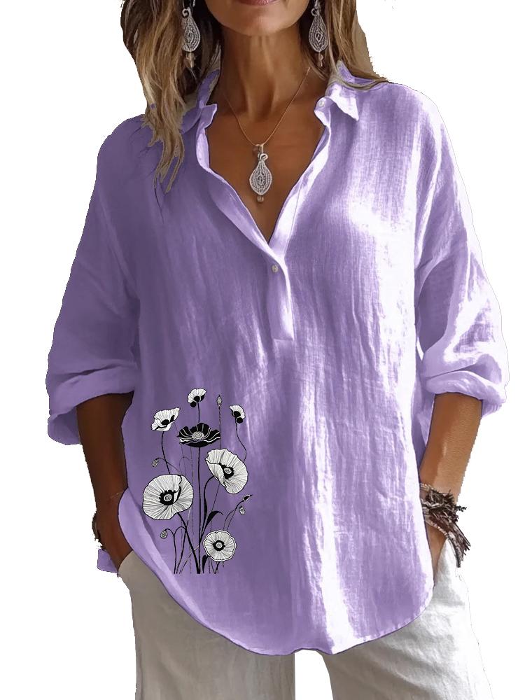 

Plus Size Women Lapel Neck Cotton Linen 3/4 Sleeve Shirt Spring&Autumn Casual Floral Print Blouses 3XL фіолетовий