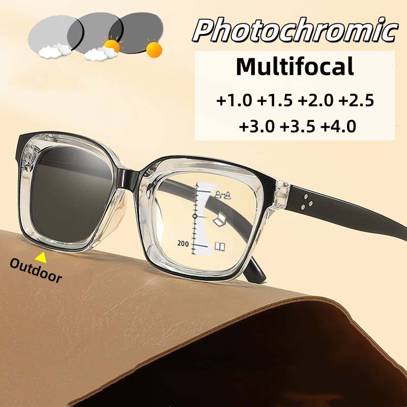 New Fashion Photochromic Multifocal Presbyopia Glasses Men's and Women's High-definition Anti Blue Light Glasses Diopter To +4.0