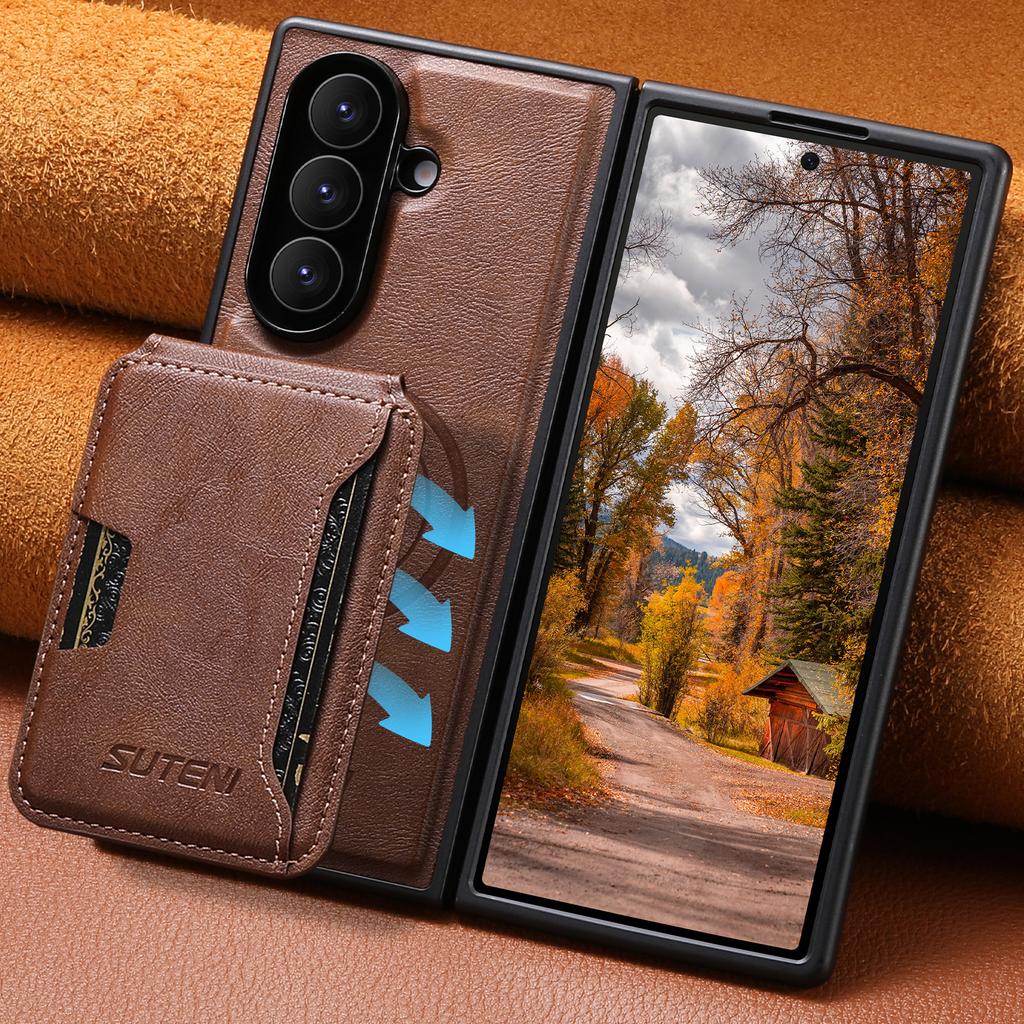 SUTENI Magnet Wireless Charging Luxury Faux Leather Phone Case Card Holder Stand for Samsung Galaxy Z Fold 7 6