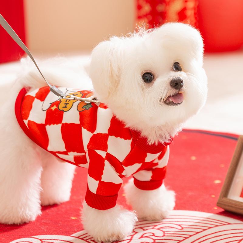 Cute New Year's Pet Clothing Small Dog Teddy Bigbear Chinese New Year Festive Traction Sweater Cat Dog Clothing