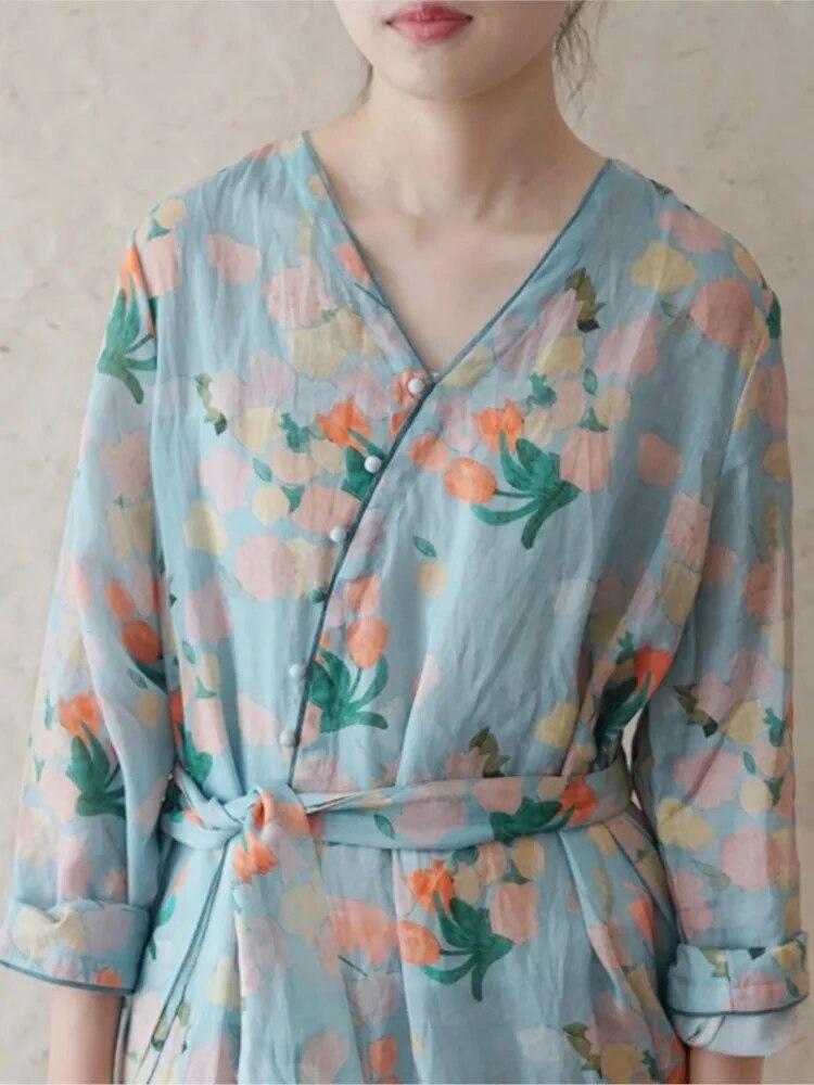 Johnature Dámské vintage šaty s květinovým potiskem a bandážovým efektem, s výstřihem do V a dlouhým rukávem, vysoce kvalitní róby, jarní knoflíkové šaty
