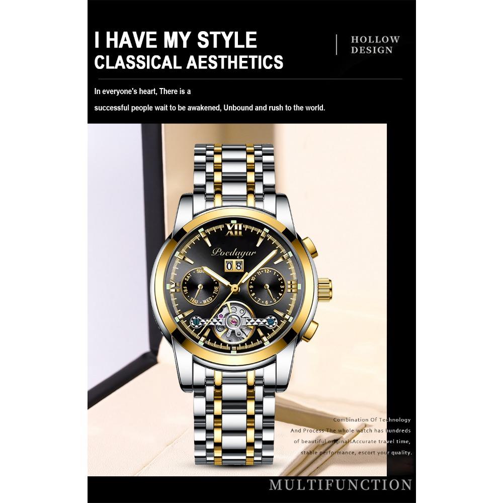 POEDAGAR Automatic Mechanical Watch Men Tourbillon Skeleton Wristwatch Calendar Week Display Leather Strap
