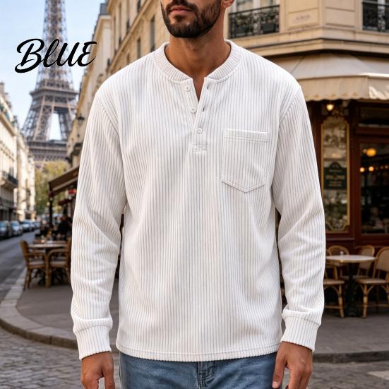 Versatile Ribbed Cuff Pullover Men Corduroy Shirt, Long Sleeve Button Collar with Chest Pocket, Layering Shirts for Loose Fit Textured Sweatshirt Fall