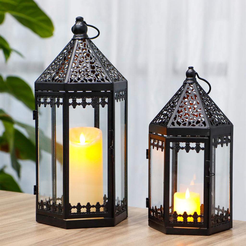 Set of Two Vintage Black Hanging Moroccan Candle Lantern Metal Candle Holder for Home Wedding Decor